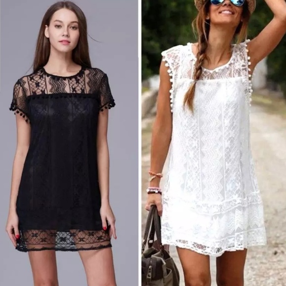 boho bohemian lace mini dress Dresses & Skirts - Lace Pom Pom Mini Hippie Bohemian Gypsy Dress